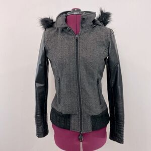 DANIER Leather Sleeves Herringbone print Wool Bomber Jacket Double Lined